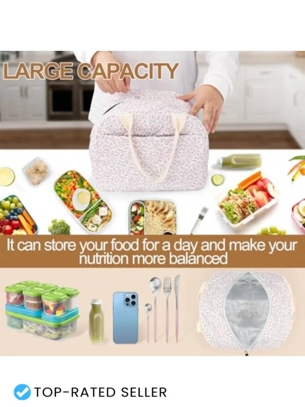 Quilted Insulated Lunch Bag, Reusable Floral Lunch Tote, Large Capacity Cooler